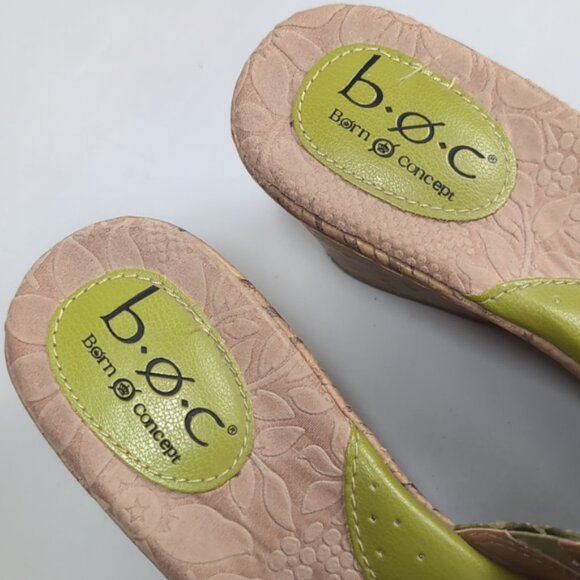 b.o.c. Leather Wedge Sandals Cork Platform Flower Arch Support Green Shoes 9 - Picture 4 of 14